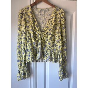 ASOS Yellow Floral Tie Front Ruffle Sleeve Fairy Long Sleeve Blouse Size 8